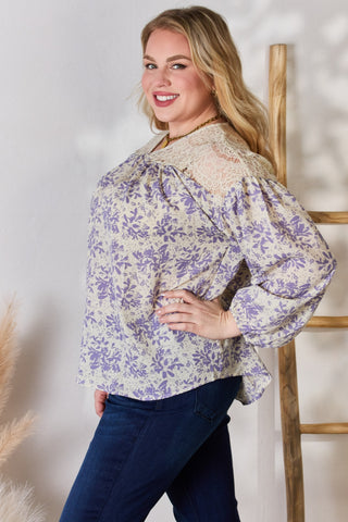 Shop Hailey & Co Full Size Lace Detail Printed Blouse - High-Quality U.S. Made Women’s Fashion with Free & Fast Shipping