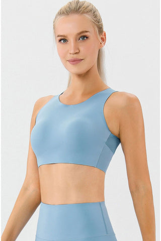 Shop Light Blue Round Neck Wide Strap Active Bra - High-Quality U.S. Made Women’s Fashion with Free & Fast Shipping