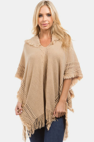 Shop Fringed Crochet Buttoned Hooded Poncho - High-Quality U.S. Made Women’s Fashion with Free Fast Shipping