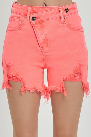 Shop Coral Pink RISEN Raw Hem Asymmetrical Waist Denim Shorts - High-Quality U.S. Made Women’s Fashion with Free & Fast Shipping