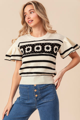 Shop BiBi Granny Square Short Sleeve Striped Sweater - High-Quality U.S. Made Women’s Fashion with Free & Fast Shipping