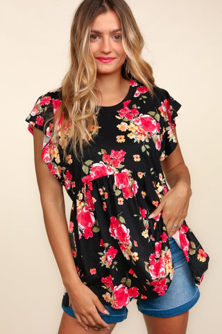 Shop Black Haptics Floral Ruffle Short Sleeve Babydoll Top - High-Quality U.S. Made Women’s Fashion with Free & Fast Shipping