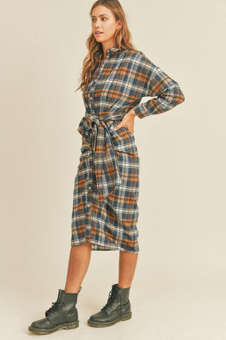 Shop Mable Plaid Flannel Front Tie Button Down Shirt Dress - High-Quality U.S. Made Women’s Fashion with Free & Fast Shipping