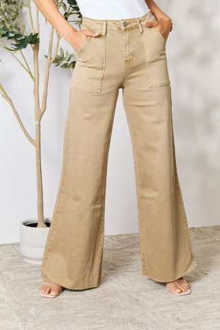 Shop Khaki BAYEAS Raw Hem Wide Leg Jeans - High-Quality U.S. Made Women’s Fashion with Free & Fast Shipping