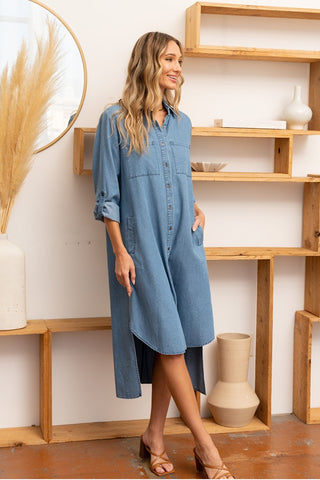 Shop Sew In Love High-Low Button Up Roll-Tab Sleeve Denim Dress - High-Quality U.S. Made Women’s Fashion with Free Fast Shipping