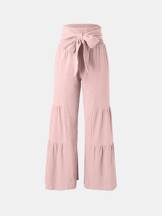 Shop Blush Pink Tied Ruched Wide Leg Pants - High-Quality U.S. Made Women’s Fashion with Free & Fast Shipping