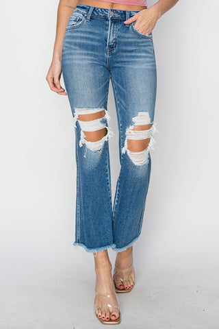 Shop RISEN Mid Rise Distressed Cropped Flare Jeans - High-Quality U.S. Made Women’s Fashion with Free & Fast Shipping