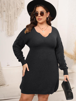 Shop Plus Size Dropped Shoulder Long Sleeve Knit Mini Dress - High-Quality U.S. Made Women’s Fashion with Free Fast Shipping