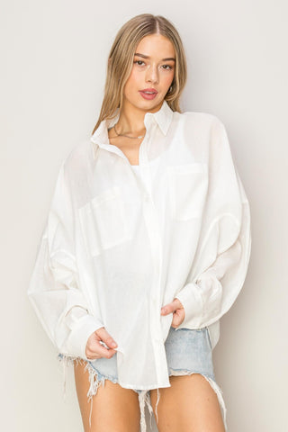 Shop Off White HYFVE Button Up Drop Shoulder Shirt - High-Quality U.S. Made Women’s Fashion with Free & Fast Shipping