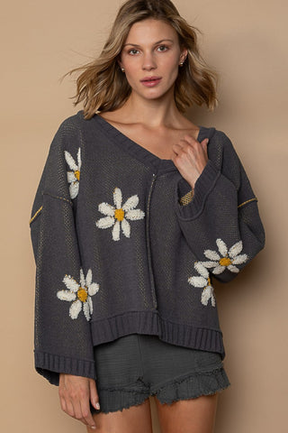 Shop Charcoal POL V-Neck Floral Pattern Chenille Sweater - High-Quality U.S. Made Women’s Fashion with Free & Fast Shipping