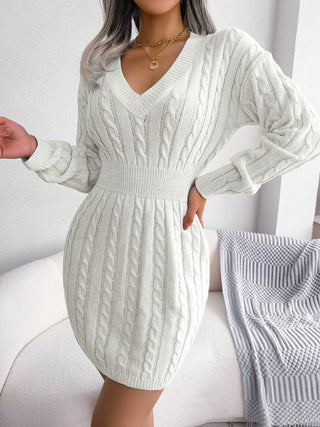 Shop White Cable-Knit V-Neck Mini Sweater Dress - High-Quality U.S. Made Women’s Fashion with Free & Fast Shipping