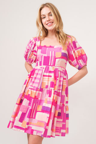 Shop Pink Multi And The Why Color Block Puff Sleeve Dress - High-Quality U.S. Made Women’s Fashion with Free & Fast Shipping