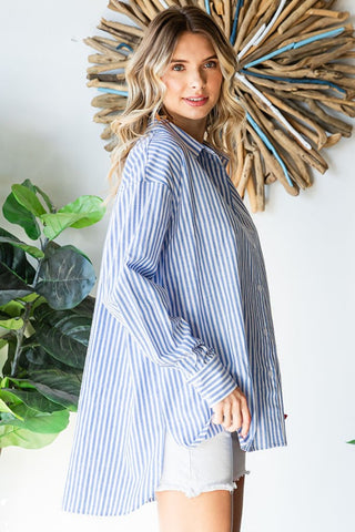 Shop First Love Striped Button Down High-Low Hem Shirt - High-Quality U.S. Made Women’s Fashion with Free & Fast Shipping