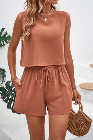 Shop Round Neck Top and Drawstring Shorts Set - High-Quality U.S. Made Women’s Fashion with Free & Fast Shipping