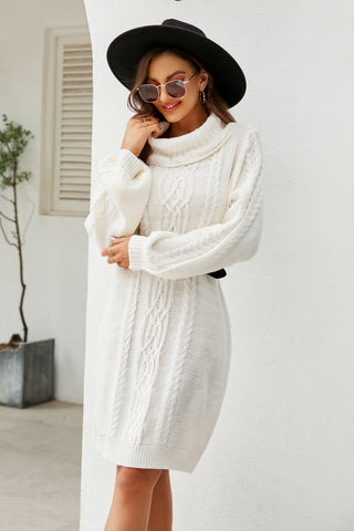 Shop Woven Right Mixed Knit Turtleneck Lantern Sleeve Sweater Dress - High-Quality U.S. Made Women’s Fashion with Free Fast Shipping