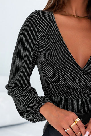 Shop Striped Surplice Long Sleeve Bodysuit - High-Quality U.S. Made Women’s Fashion with Free & Fast Shipping