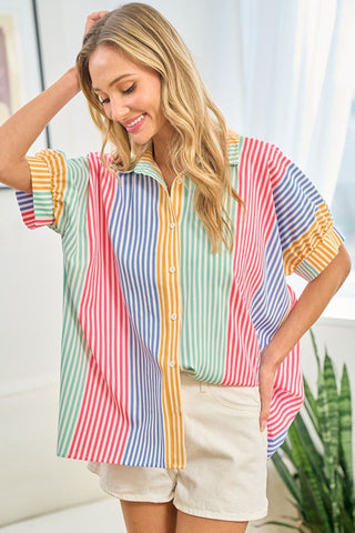 Shop First Love Full Size Striped Button Down Short Sleeve Shirt - High-Quality U.S. Made Women’s Fashion with Free & Fast Shipping