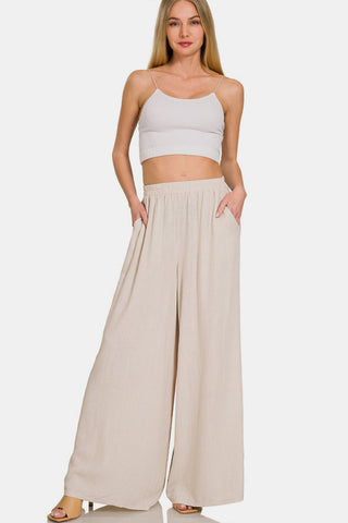 Shop Zenana Pleated Linen Blend Wide Leg Pants - High-Quality U.S. Made Women’s Fashion with Free & Fast Shipping