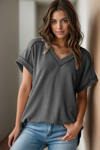 Shop Textured V-Neck Short Sleeve Top - High-Quality U.S. Made Women’s Fashion with Free & Fast Shipping