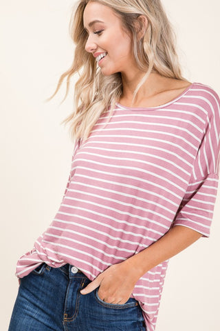 Shop BOMBOM Striped Round Neck Half Sleeve T-Shirt - High-Quality U.S. Made Women’s Fashion with Free & Fast Shipping