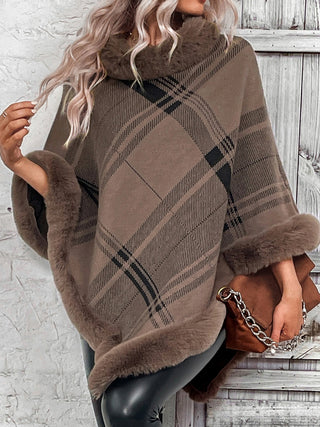 Shop Taupe Plaid Faux Fur Trim Poncho - High-Quality U.S. Made Women’s Fashion with Free & Fast Shipping