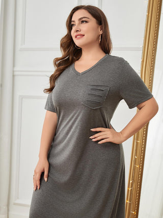 Shop Plus Size Pocketed V-Neck Short Sleeve Lounge Dress - High-Quality U.S. Made Women’s Fashion with Free Fast Shipping