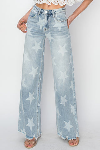 Shop RISEN Full Size Raw Hem Star Wide Leg Jeans - High-Quality U.S. Made Women’s Fashion with Free & Fast Shipping