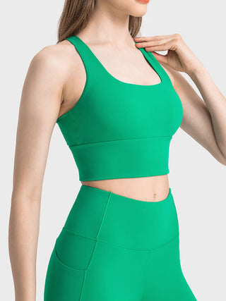 Shop Green Millennia Scoop Neck Crisscross Straps Sports Bra - High-Quality U.S. Made Women’s Fashion with Free & Fast Shipping