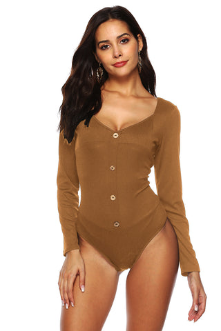 Shop Caramel Button Detail Bodysuit - High-Quality U.S. Made Women’s Fashion with Free & Fast Shipping