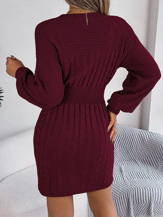 Shop Cable-Knit Cutout Round Neck Slit Sweater Dress - High-Quality U.S. Made Women’s Fashion with Free & Fast Shipping