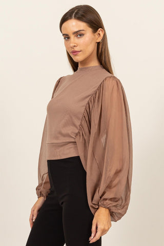 Shop HYFVE Ruched Sheer Long Sleeve Mock Neck Blouse - High-Quality U.S. Made Women’s Fashion with Free & Fast Shipping