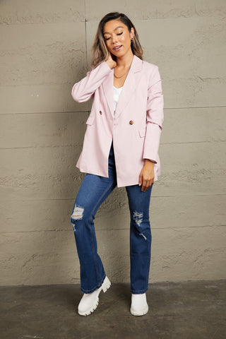 Shop Double Take Double-Breasted Padded Shoulder Blazer with Pockets - High-Quality U.S. Made Women’s Fashion with Free & Fast Shipping