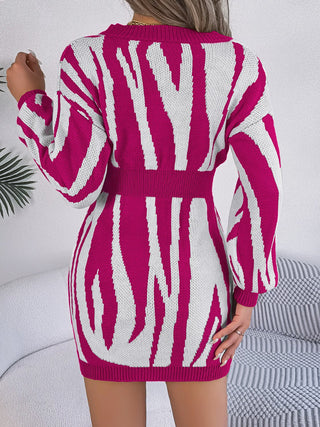 Shop Animal Print V-Neck Long Sleeve Sweater Dress - High-Quality U.S. Made Women’s Fashion with Free Fast Shipping