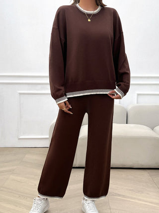 Shop Coffee Brown Round Neck Dropped Shoulder Top and Pants Sweater Set - High-Quality U.S. Made Women’s Fashion with Free & Fast Shipping