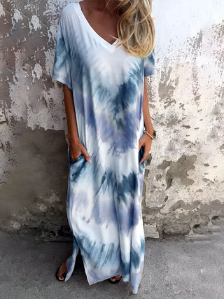 Shop Dusty Blue Full Size Pocketed Tie-Dye Short Sleeve Dress - High-Quality U.S. Made Women’s Fashion with Free & Fast Shipping