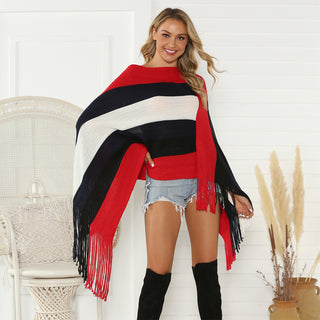 Shop Striped Fringe Trim Poncho - High-Quality U.S. Made Women’s Fashion with Free Fast Shipping