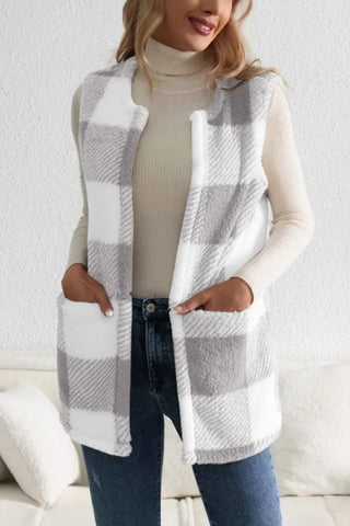 Shop Sherpa Plaid Open Front Vest Coat - High-Quality U.S. Made Women’s Fashion with Free & Fast Shipping