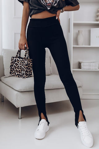 Shop Black High Waist Ribbed Slit Leggings - High-Quality U.S. Made Women’s Fashion with Free & Fast Shipping