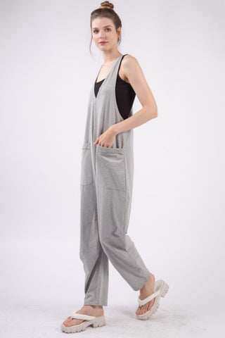 Shop VERY J Plunge Sleeveless Jumpsuit with Pockets - High-Quality U.S. Made Women’s Fashion with Free & Fast Shipping