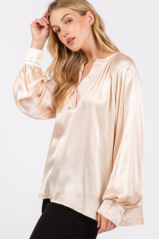 Shop SAGE + FIG Notched Long Sleeve Blouse - High-Quality U.S. Made Women’s Fashion with Free & Fast Shipping