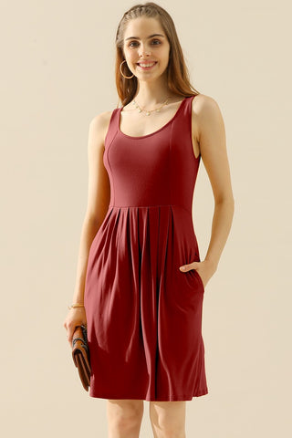 Shop BURGUNDY Doublju Full Size Round Neck Ruched Sleeveless Dress with Pockets - High-Quality U.S. Made Women’s Fashion with Free & Fast Shipping