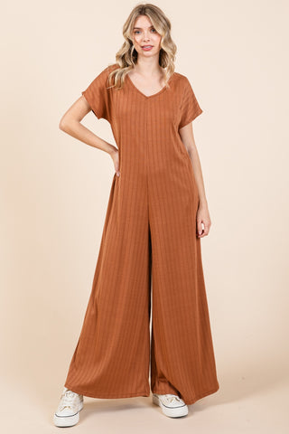 Shop BOMBOM Ribbed Short Sleeve Wide Leg Jumpsuit - High-Quality U.S. Made Women’s Fashion with Free & Fast Shipping