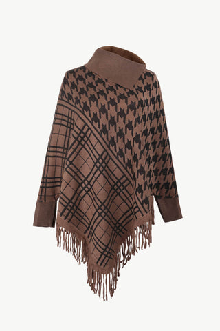 Shop Houndstooth Turtleneck Fringe Hem Poncho - High-Quality U.S. Made Women’s Fashion with Free Fast Shipping