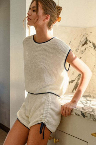 Shop Contrast Trim Round Neck Top and Shorts Sweater Set - High-Quality U.S. Made Women’s Fashion with Free Fast Shipping