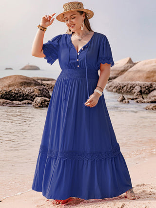 Shop Plus Size Lace Detail Tie Neck Short Sleeve Maxi Dress - High-Quality U.S. Made Women’s Fashion with Free Fast Shipping