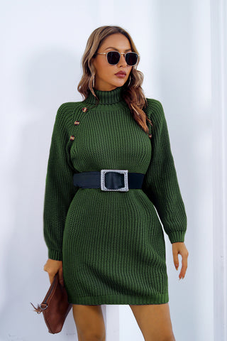 Shop Buttoned Turtleneck Long Sleeve Sweater Dress - High-Quality U.S. Made Women’s Fashion with Free & Fast Shipping