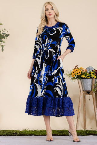 Shop Royal Celeste Full Size Paisley Print Lace Ruffled Midi Dress - High-Quality U.S. Made Women’s Fashion with Free & Fast Shipping