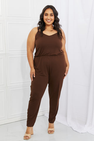 Shop Capella Comfy Casual Full Size Solid Elastic Waistband Jumpsuit in Chocolate - High-Quality U.S. Made Women’s Fashion with Free & Fast Shipping