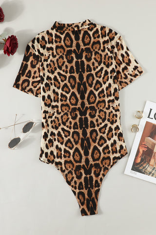 Shop Leopard Half Zip Short Sleeve Bodysuit - High-Quality U.S. Made Women’s Fashion with Free & Fast Shipping