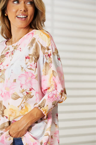 Shop Double Take Floral Round Neck Three-Quarter Sleeve Top - High-Quality U.S. Made Women’s Fashion with Free & Fast Shipping